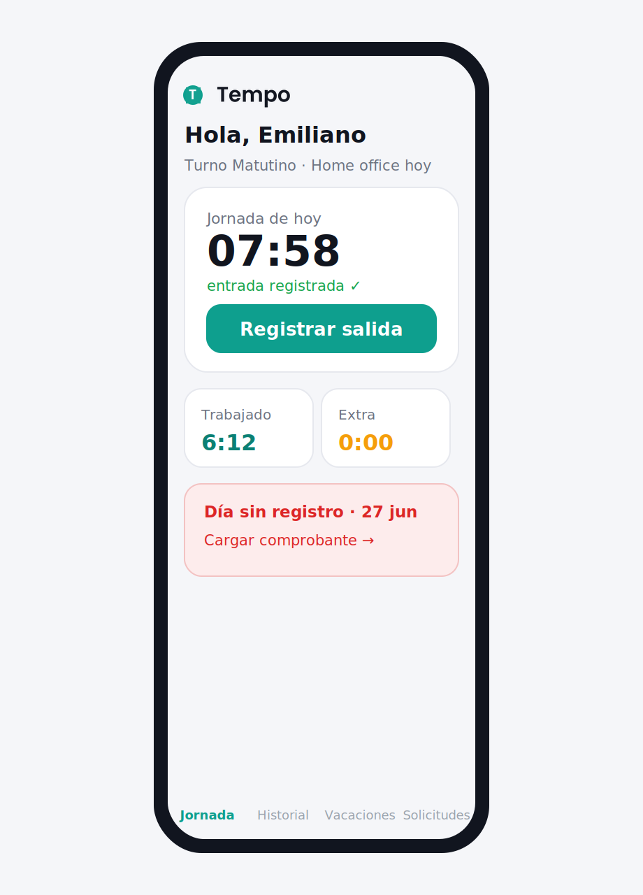 App del empleado: jornada del día, registrar salida, aviso de día sin registro y autoservicio