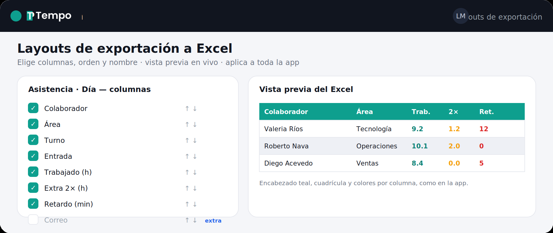Editor de layouts de exportación a Excel con vista previa